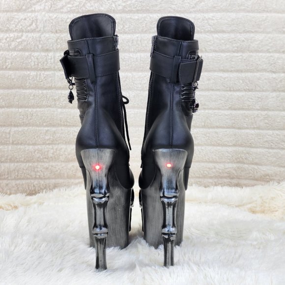 Skull & Bones 8" Heel 4" Platform Ankle Boots W Vortex Static Lighted Eyes - Picture 7 of 11